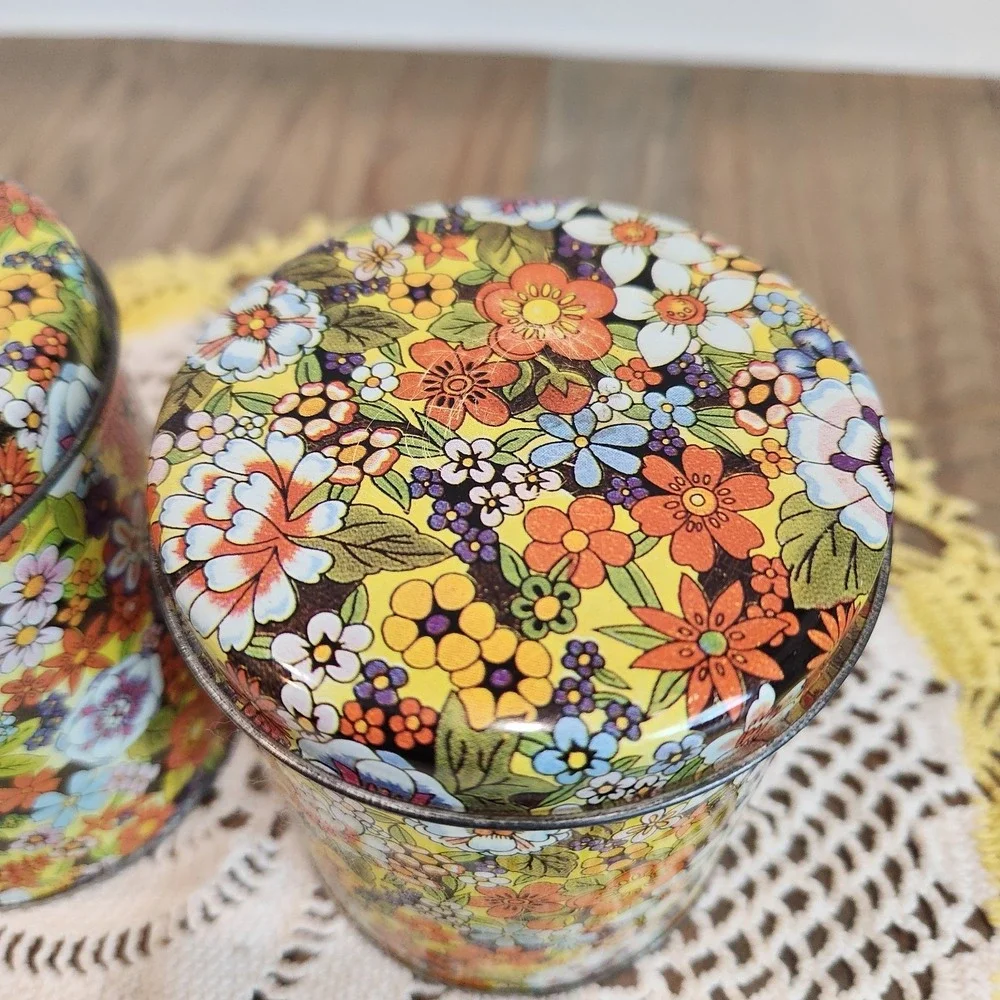 Vintage 70s Set Of 2 Floral Canister Hippie Retro Tins MCM Flower Power 4.5in